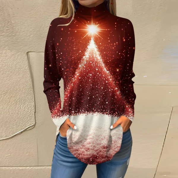 Women's Printed Christmas High Neck Pullover Long Sleeve Casual Fashion T-Shirt - Image 25