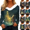 Women's Shirt V Neck Christmas Top Long Sleeve Party Fleece Collar T Shirt