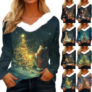 Women's Shirt V Neck Christmas Top Long Sleeve Party Fleece Collar T Shirt