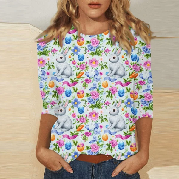 Women's Tops Easter Fashion Basic 3/4 Sleeve Printed Plus Size Casual Pullover - Image 13