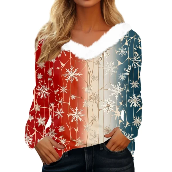Women's V Neck Party Fleece Collar Top Shirt Christmas Long Sleeve T Shirt - Image 29