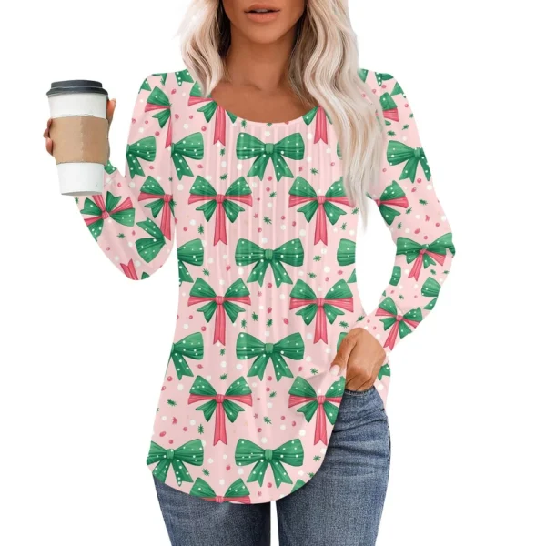 Women's Pleated Casual T-Shirt Round Neck Christmas Printed Long Sleeved Top - Image 14