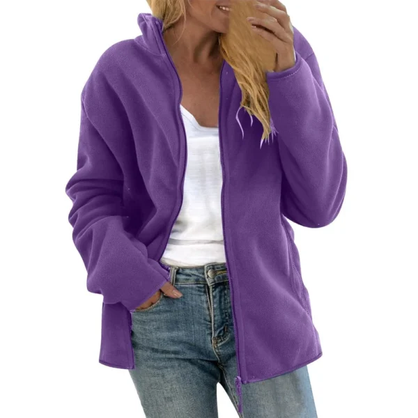 Women's Loose Casual Solid Color Lambswool Stand Up Collar Cardigan Jacket Long - Image 5