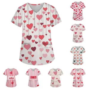 Women's Fashion V-neck Short Sleeve Workwear With Pockets Printed Tops