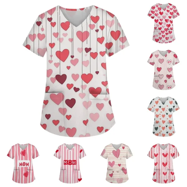 Women's Fashion V-neck Short Sleeve Workwear With Pockets Printed Tops