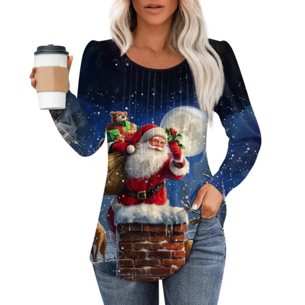 Women's Printed Christmas Top Round Neck Casual Pleated Long Sleeved T-Shirt - Image 5