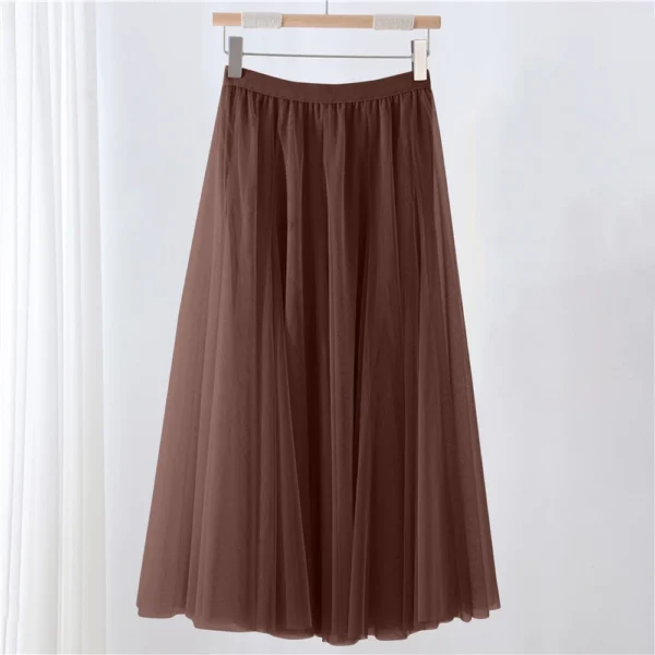 Women's Solid Color Mesh Skirt With Elastic Band Large Swing Mid Length Skirt - Image 19