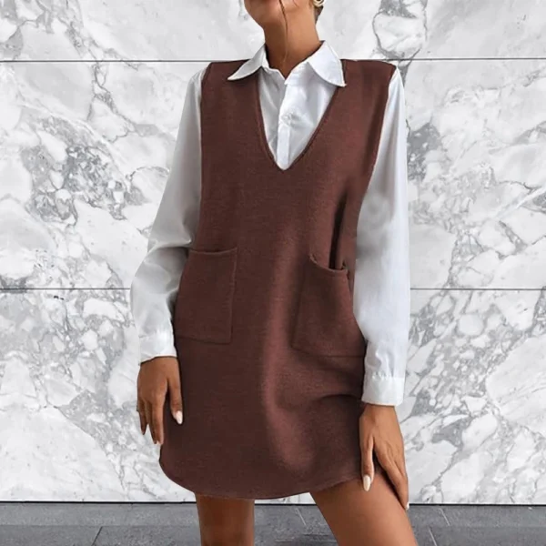 Women's Solid Color Wool Medium Length Double-sided Vest Skirt Sleeveless Dress - Image 25