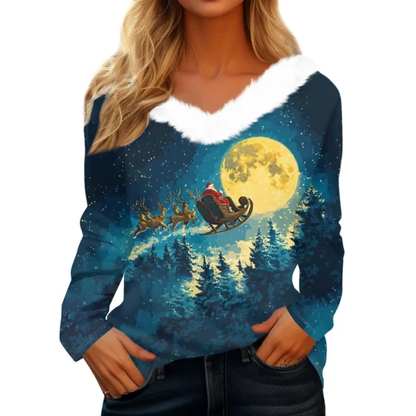 Women's V Neck Party Long Sleeve Top Christmas Shirt Fleece Collar T Shirt - Image 32