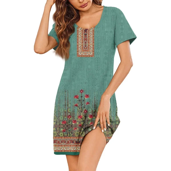 Womens Summer Dresses Short Sleeve Linen Casual T-Shirt Dresses Swing Beach - Image 2