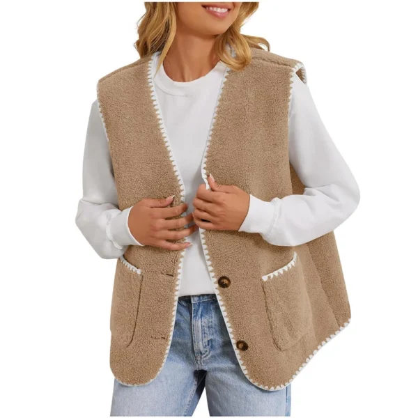 Women's Fuzzy Fleece Vest Sleeveless Colorblock Jacket Button Down Outerwear - Image 7