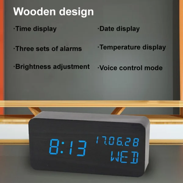 Digital Alarm Clock For Bedroom - Wooden Desk Clock With Date, Day Of The Week - Image 9