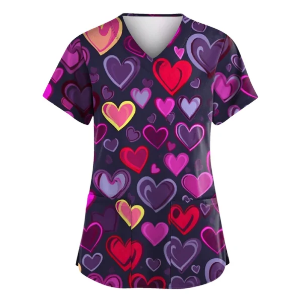 Women's Valentine's Day Printed  Uniform Work Uniform V-Neck Pocket Protective - Image 5