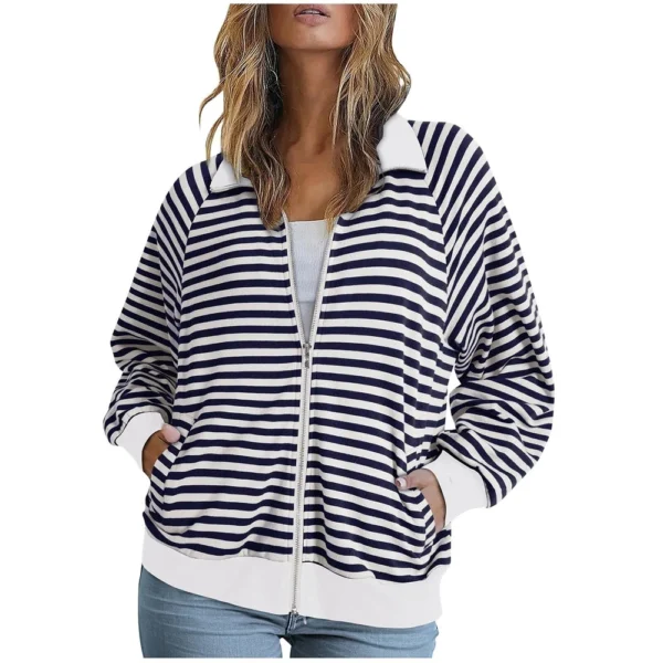 Women's Loose Casual Striped Lapel Cardigan Pocket Long Sleeved Jacket fall - Image 19