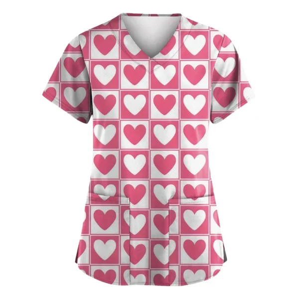 Women's Valentine's Day Printed  Uniform Work Uniform V-Neck Pocket Protective - Image 29