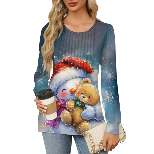 Women's Printed Christmas Top Round Neck Casual Pleated Long Sleeved T-Shirt - Image 34