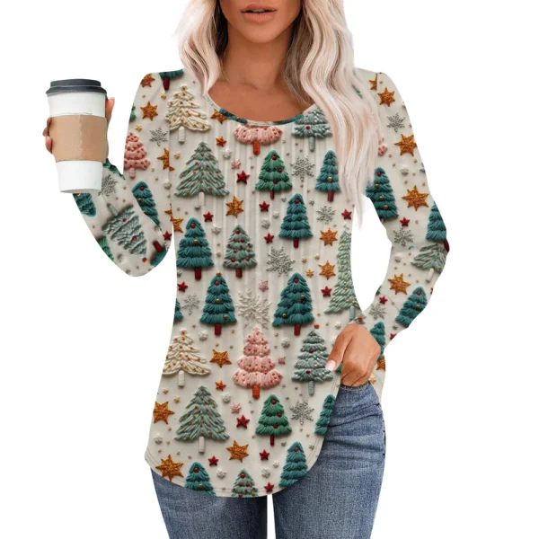Women's Christmas Pleated Top Round Neck Casual Printed Long Sleeved T-Shirt - Image 17