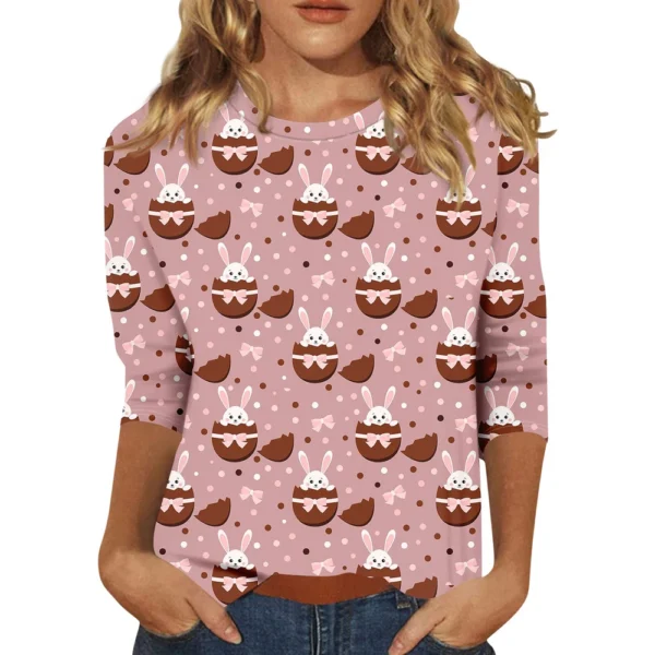 Women's Tops 3/4 Sleeve Casual Fashion Plus Size Basic Easter Printed Pullover - Image 3