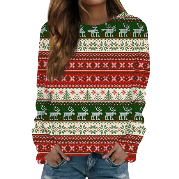 Women's Long Sleeve Print O-Neck Christmas Blouse Fashion Casual Pullover Top - Image 23
