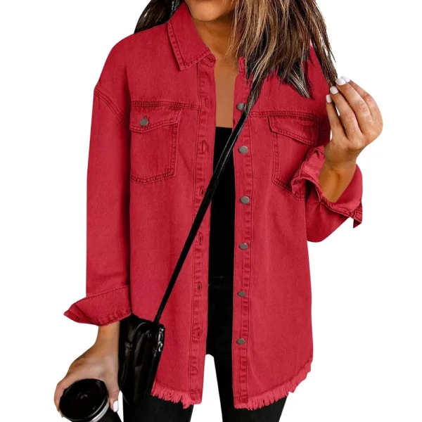 Women's Fashion Denim Shirt Jacket Milled Hem Button Casual Long Sleeve Jacket - Image 2