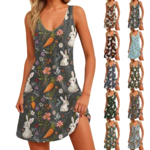 Women's Floral Print Dress, Vest, Skirt With Pockets, Beach Skirt, V-Neck Vest
