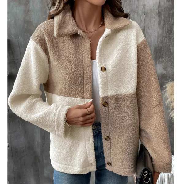 Women's Loose Casual Color Blocked Single Breasted Lapel Long Sleeved Jacket - Image 6