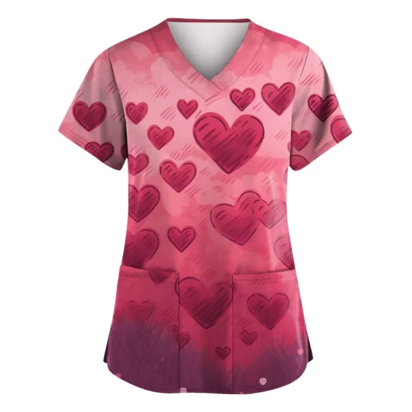 Women's Valentine's Day Printed  Uniform Work Uniform V-Neck Pocket Protective - Image 13