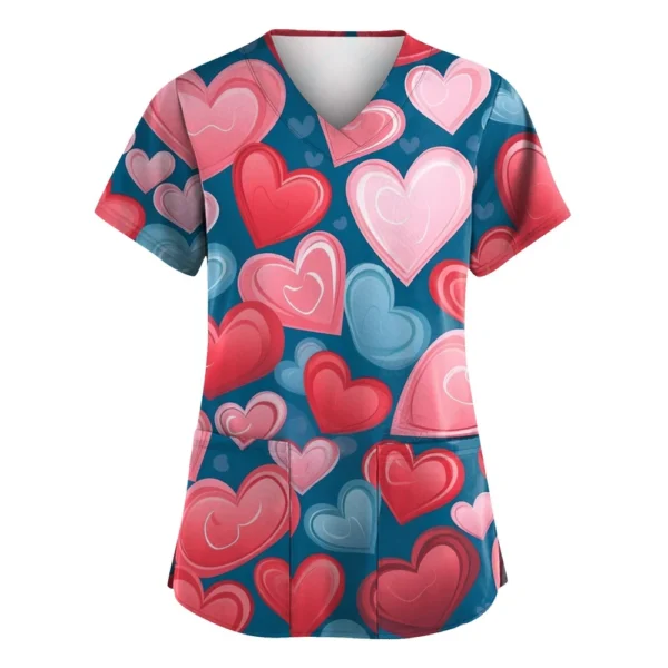 Women's Valentine's Day Printed  Uniform Work Uniform V-Neck Pocket Protective - Image 6