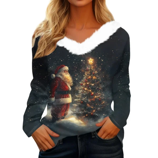 Women's Shirt V Neck Christmas Top Long Sleeve Party Fleece Collar T Shirt - Image 23