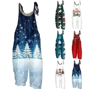 Women's Shoulder Strap Print Christmas Loose Vintage Jumpsuit Casual