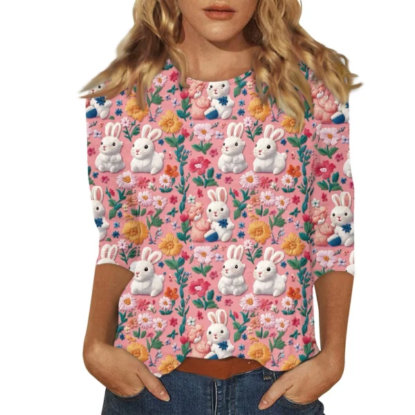 Women's Tops Easter Fashion Basic 3/4 Sleeve Printed Plus Size Casual Pullover - Image 7
