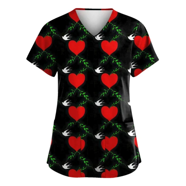 Women's Valentine's Day Printed  Uniform Work Uniform V-Neck Pocket Protective - Image 35