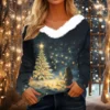 Women's Shirt V Neck Christmas Top Long Sleeve Party Fleece Collar T Shirt - Image 19