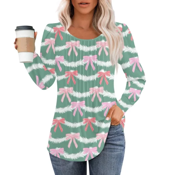 Women's Pleated Casual T-Shirt Round Neck Christmas Printed Long Sleeved Top - Image 9