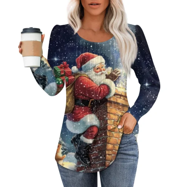 Women's Printed Christmas Top Round Neck Casual Pleated Long Sleeved T-Shirt - Image 14