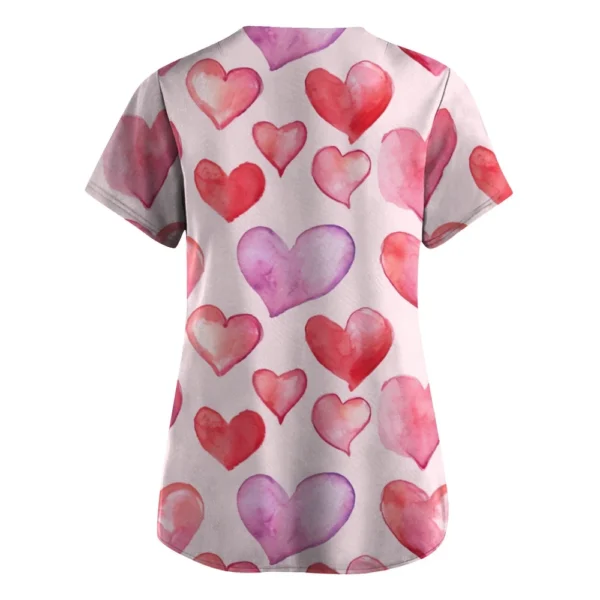 Women's Valentine's Day Printed  Uniform Work Uniform V-Neck Pocket Protective - Image 12