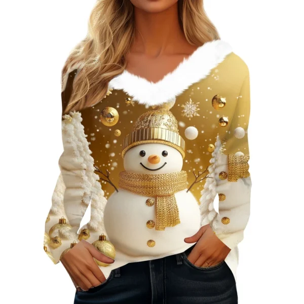 Women's Long Sleeve Christmas Printed Party Plush Neck Wide Casual V-Neck Top - Image 17