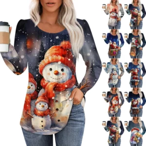 Women's Printed Christmas Top Round Neck Casual Pleated Long Sleeved T-Shirt