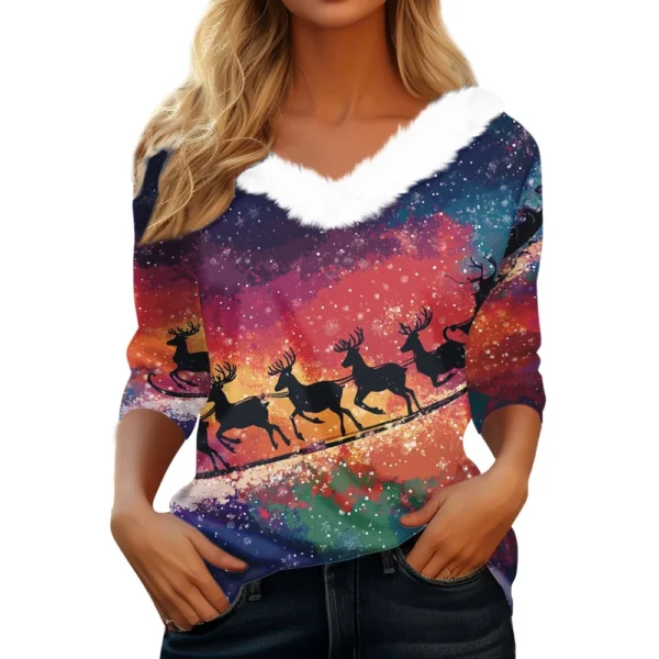 Women's Party Fleece Collar Shirt T Shirt Christmas Long Sleeve V Neck Top - Image 9