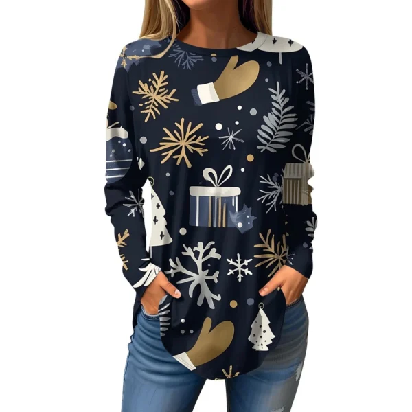Women's Print Round Neck Christmas Loose T-Shirt Pullover Long Sleeve Top - Image 23