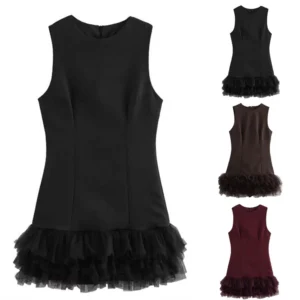 Women's Sleeveless Pleated Dress Pullover Round Neck  Zipper Back Mini Dress