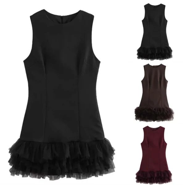 Women's Sleeveless Pleated Dress Pullover Round Neck  Zipper Back Mini Dress