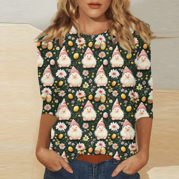 Women's Tops Easter Fashion Basic 3/4 Sleeve Printed Plus Size Casual Pullover - Image 16