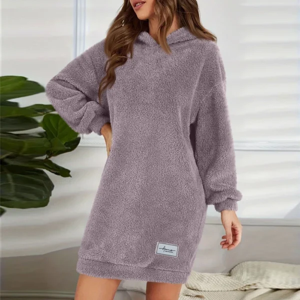 Women's Fashion Hooded Long Sleeve Plush Dress Solid Color Casual Sweatshirt - Image 39