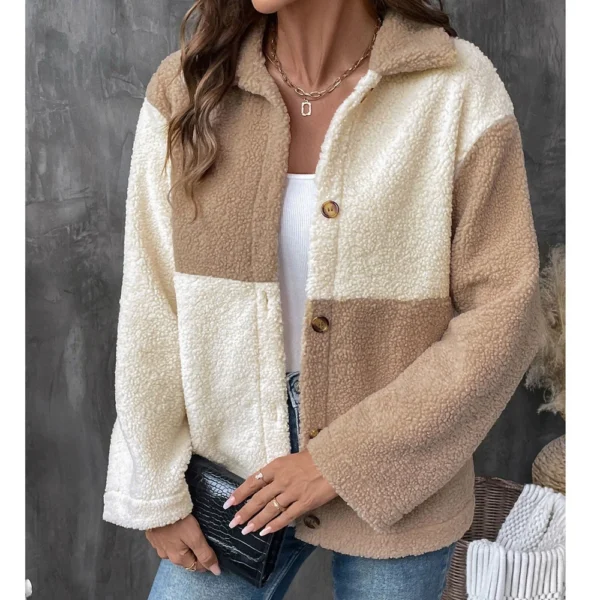 Women's Loose Casual Color Blocked Single Breasted Lapel Long Sleeved Jacket - Image 4