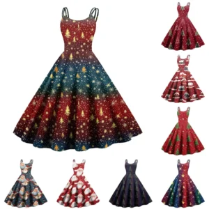 Women's Punk Christmas Strapless Gothic Cocktail Printed Fashion Dress Sexy