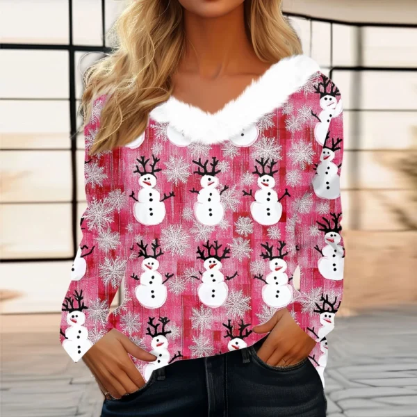 Women's Long Sleeve Christmas Printed Party Plush Neck Wide Casual V-Neck Top - Image 25