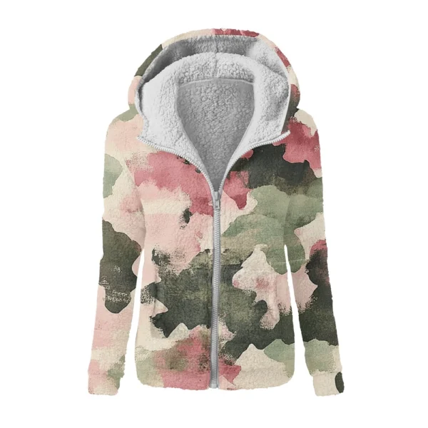 Women's Winter Camouflage Print Casual Fashion Plush Hooded Zipper Sweater - Image 10