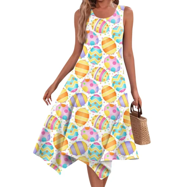 Women's Casual Fashion Round Neck Sleeveless Print Irregular Hem Midi Dress - Image 5