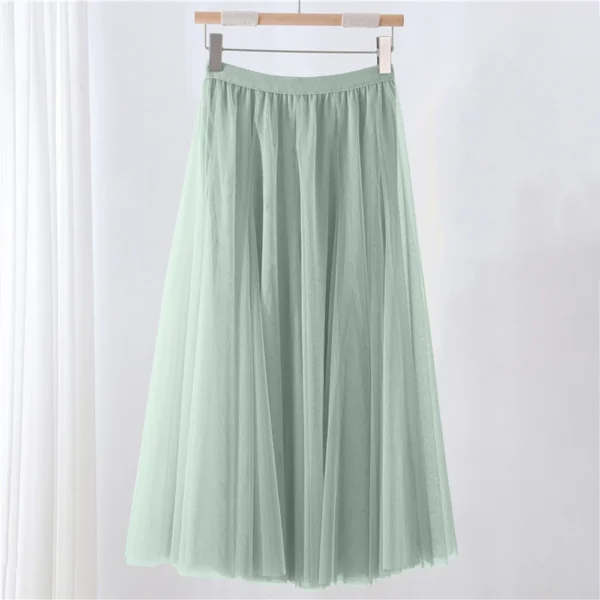 Women's Solid Color Mesh Skirt With Elastic Band Large Swing Mid Length Skirt - Image 31